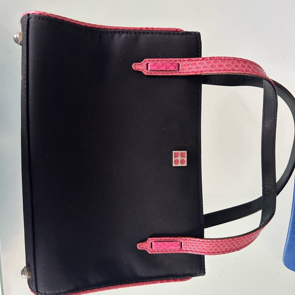 Kate Spade New York Black Canvas And Pink Python Embossed Leather Handle Bag